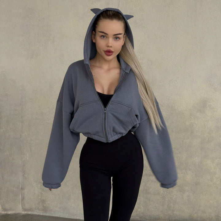 Cropped hooded jacket for women with a unique ears design Lune London