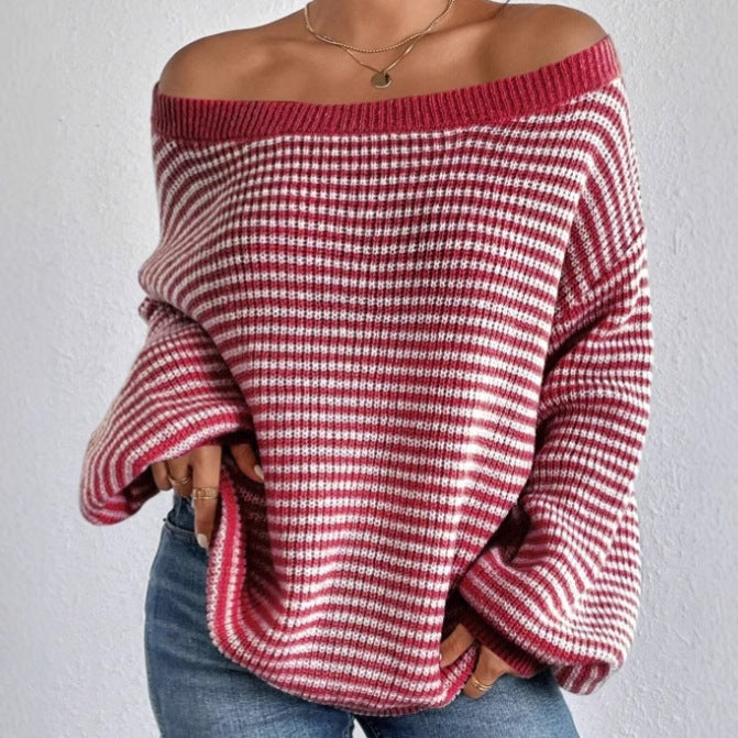 Oversized knitted sweater for women with V-neck design and striped pattern Lune London
