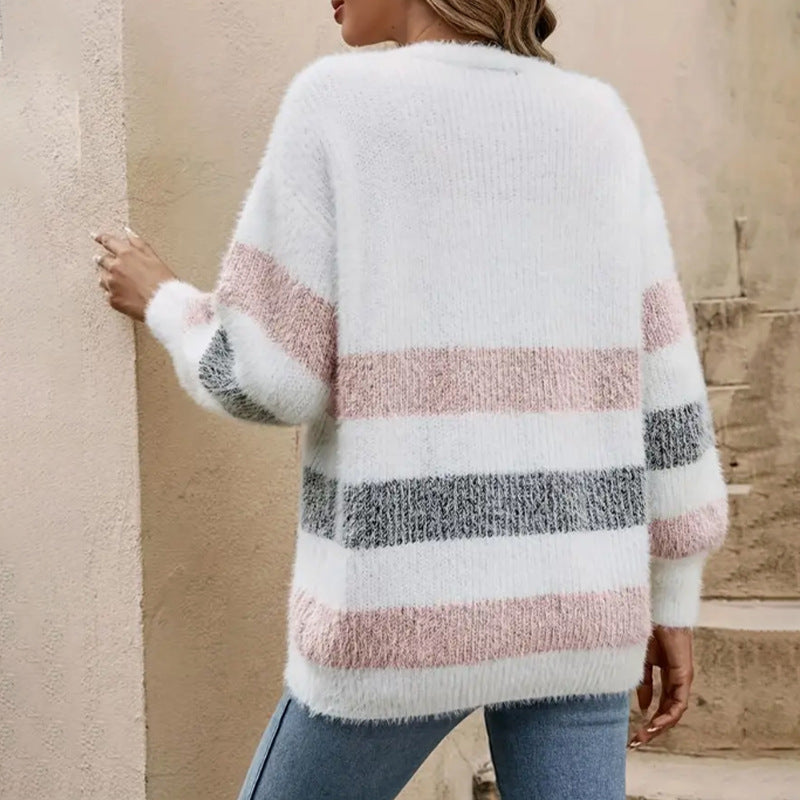 Long knit jacket for women with a trendy striped pattern and wooden buttons Lune London