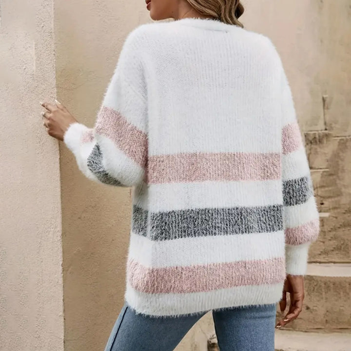Long knit jacket for women with a trendy striped pattern and wooden buttons Lune London