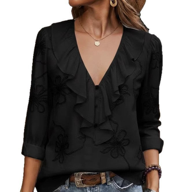 Women's elegant blouse with ruffle and floral embroidery pattern Lune London