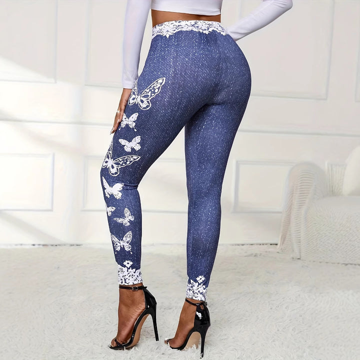 Leggings for women with floral lace trim and colorful butterfly print Lune London