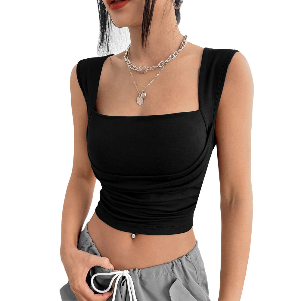 Chic & Stil Women's Short Tank Top with Sophisticated Draping and Square Neckline