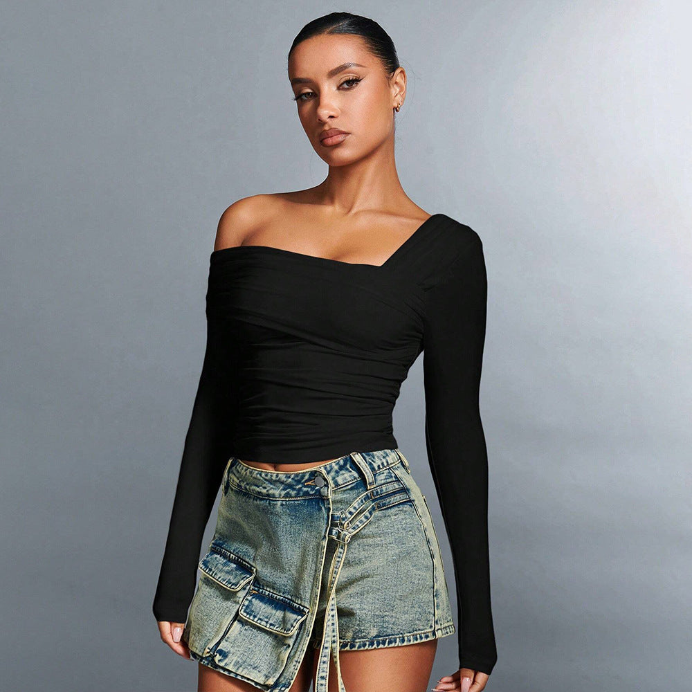 Chic & Stil Stylish asymmetrical long sleeve t-shirt for women with ruffle design