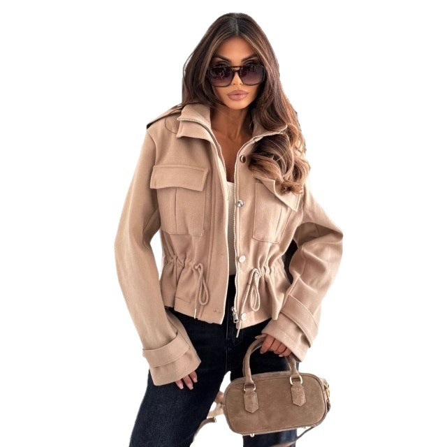 Ladies Short Utility Jacket with Waist Drawstring and Practical Pockets Lune London