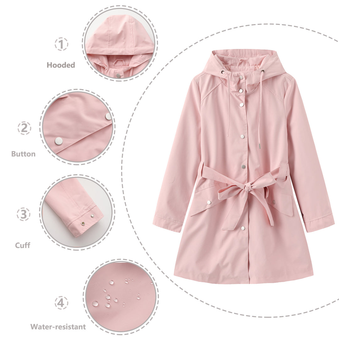 Modest outdoor jacket for ladies with belt and hood Lune London