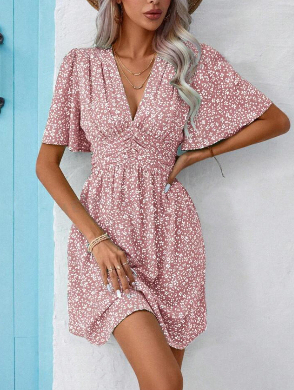 V-neck summer dress with gathers and balloon sleeves Lune London