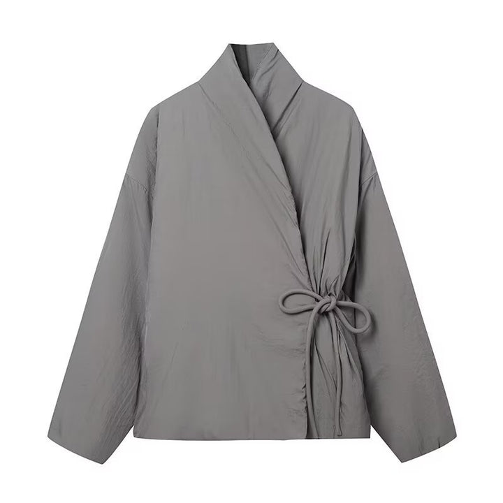 Ladies modular wrap jacket with adjustable design and high collar Lune London