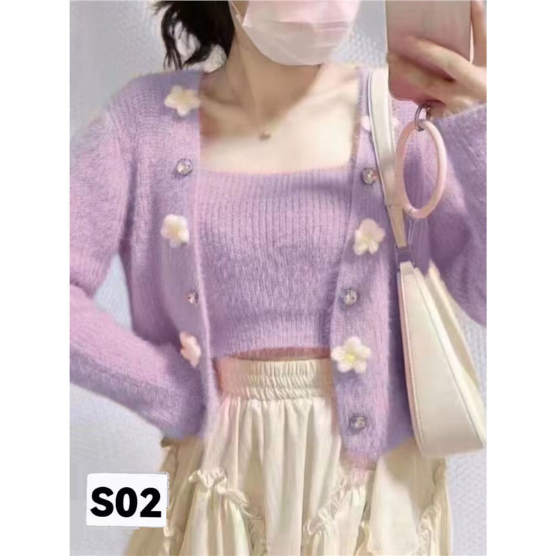 Floral pattern knitted top for women with matching open cardigan Lune London