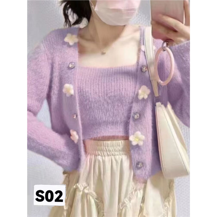 Floral pattern knitted top for women with matching open cardigan Lune London
