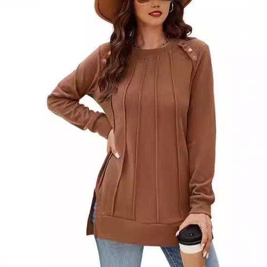 Ladies long sleeve T-shirt with decorative buttons and side slits Lune London
