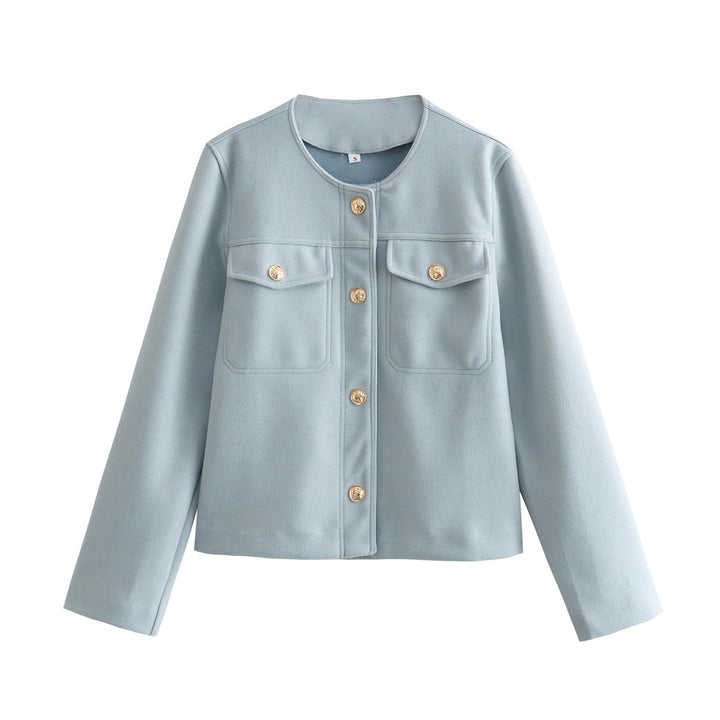 Veste blazer féminine tendance avec des boutons dorés et des poches plaquées Lune London