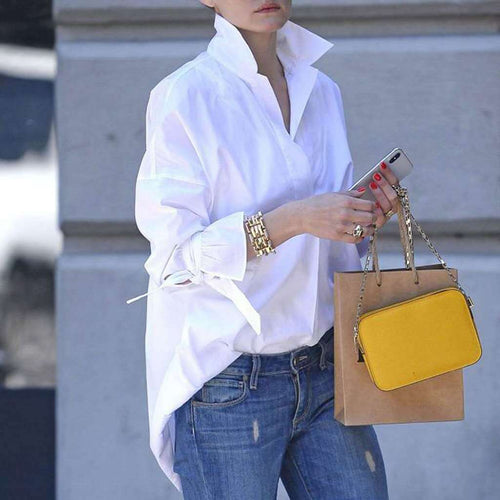 Blouse for ladies with high collar and asymmetric hem Lune London