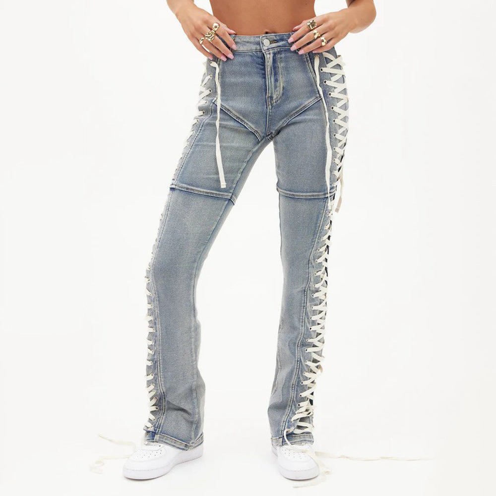 Women’s bootcut jeans with decorative lace-up details Lune London