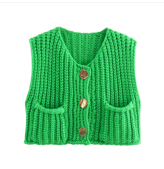 Knitted vest for women with decorative buttons and practical pockets Lune London