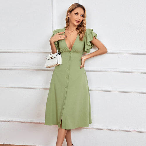 Elegant midi dress for women with ruffle details and button placket Chic & Stil