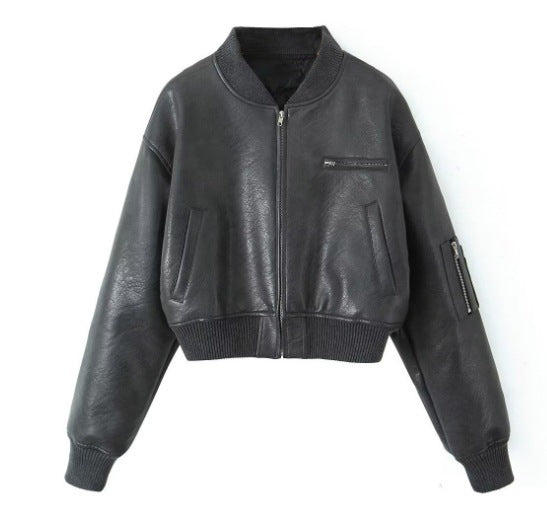 Women's leather bomber jacket with innovative zipper detail Lune London