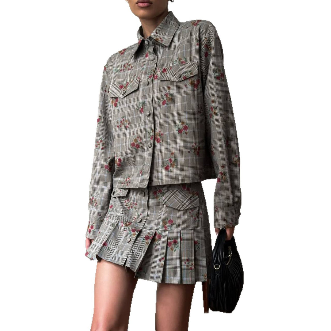 Plaid jacket for women with floral accents and matching skirt Lune London