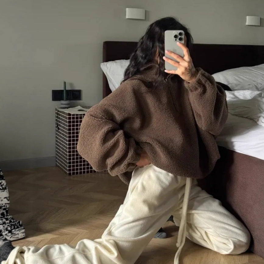 Ladies Oversized Fleece Hoodie with high collar and full zipper Lune London