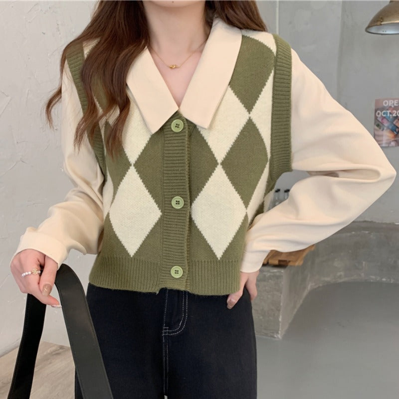 Gilet élégant pour femmes avec motif en diamant et col chemise Chic & Stil