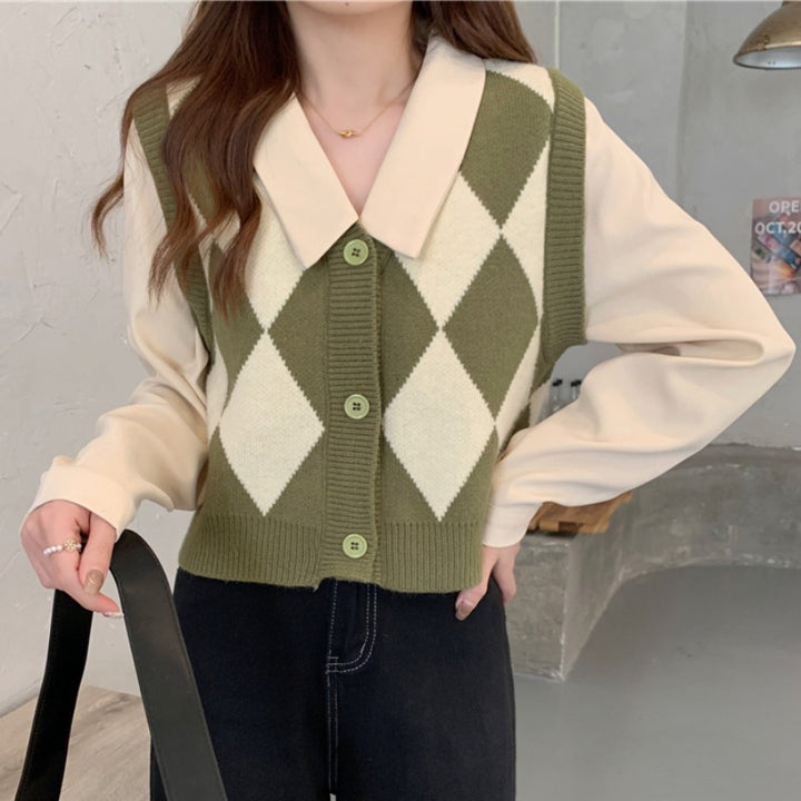 Gilet en tricot pour femmes avec motif à carreaux et col classique Chic & Stil