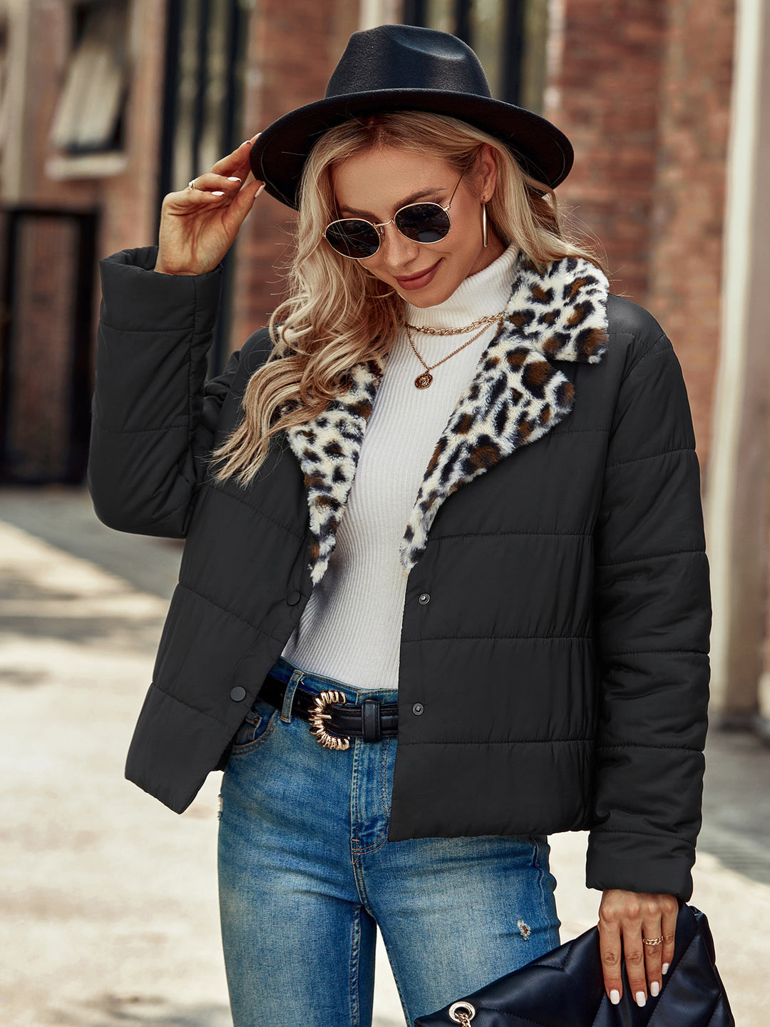 Ladies Fashion Quilted Jacket with Leopard Collar Lune London