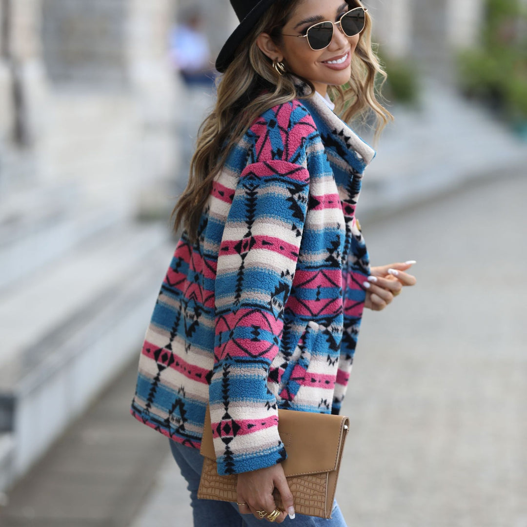 Women's polar jacket in boho style with unique geometric pattern and large buttons Lune London