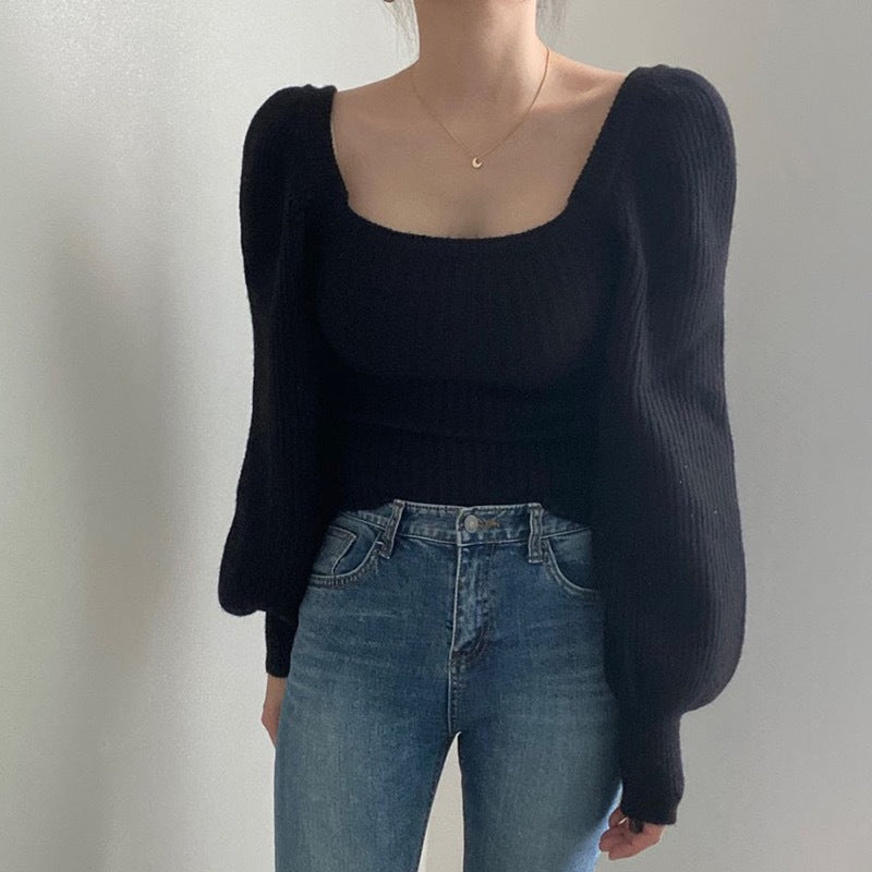 Fine knit sweater for women with a modern square neckline and flared sleeves Lune London