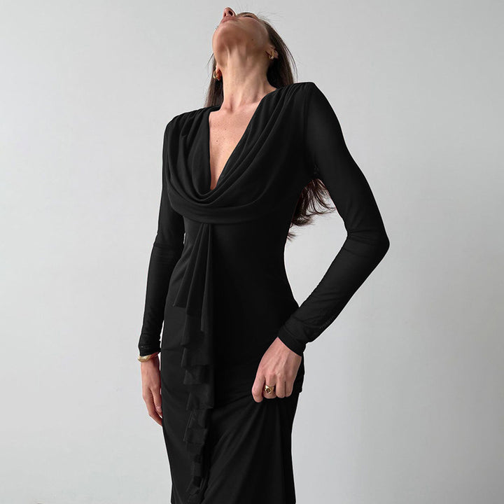 Elegant maxi dress for women with deep V-neckline and ruffle detail Lune London