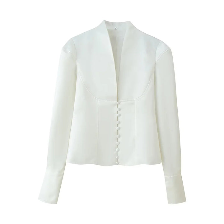 Elegant blazer jacket for women with a fashionable high collar and decorative button details Lune London