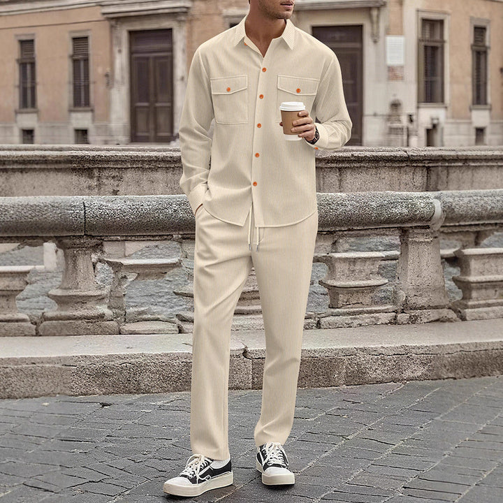 Casual striped outfit for men with modern button details and practical pockets Lune London