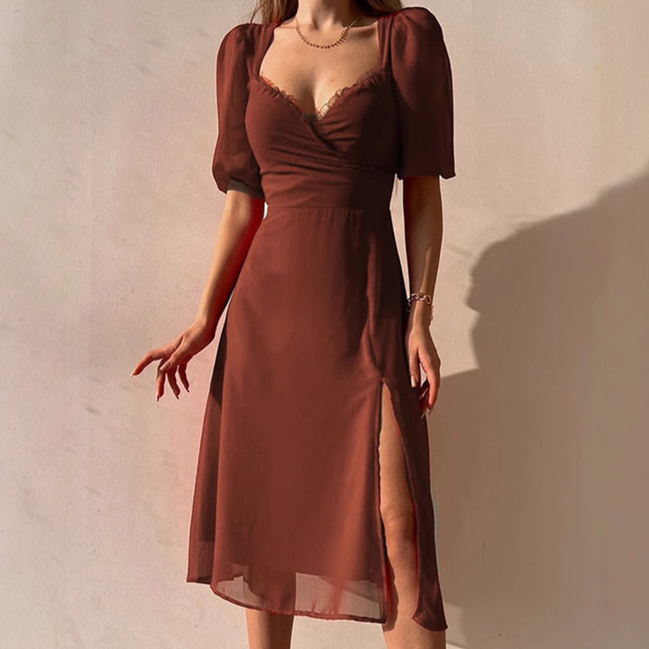 Women's Elegant Maxi Dress with Puff Sleeves and Deep Slit Lune London