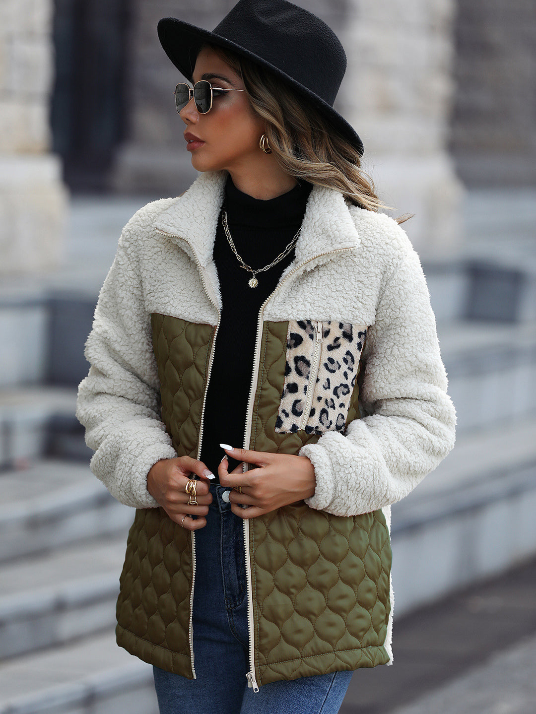 Women's fleece jacket with modern patchwork details and a chic animal print