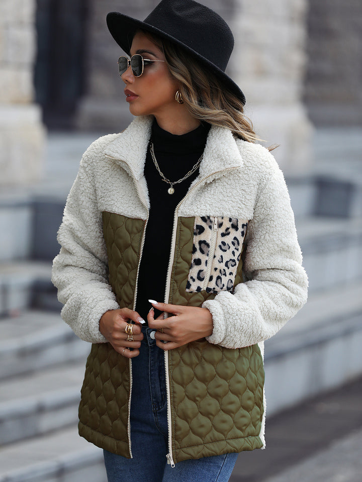 Women's fleece jacket with modern patchwork details and a chic animal print