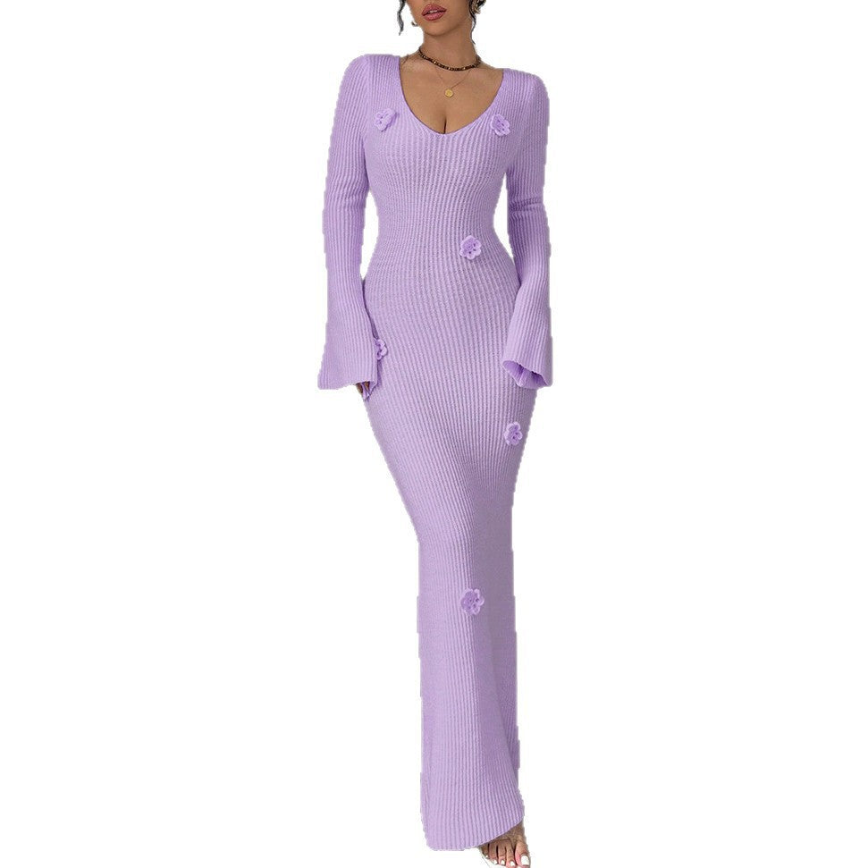 Maxi dress for women with elegant ribbed knit and trendy floral appliqués Lune London