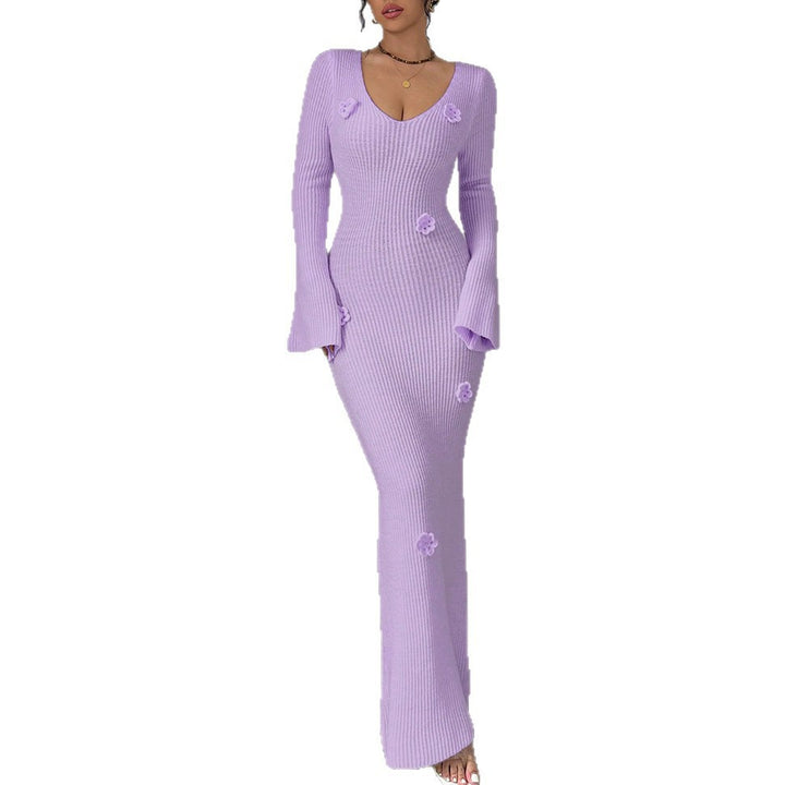 Maxi dress for women with elegant ribbed knit and trendy floral appliqués Lune London