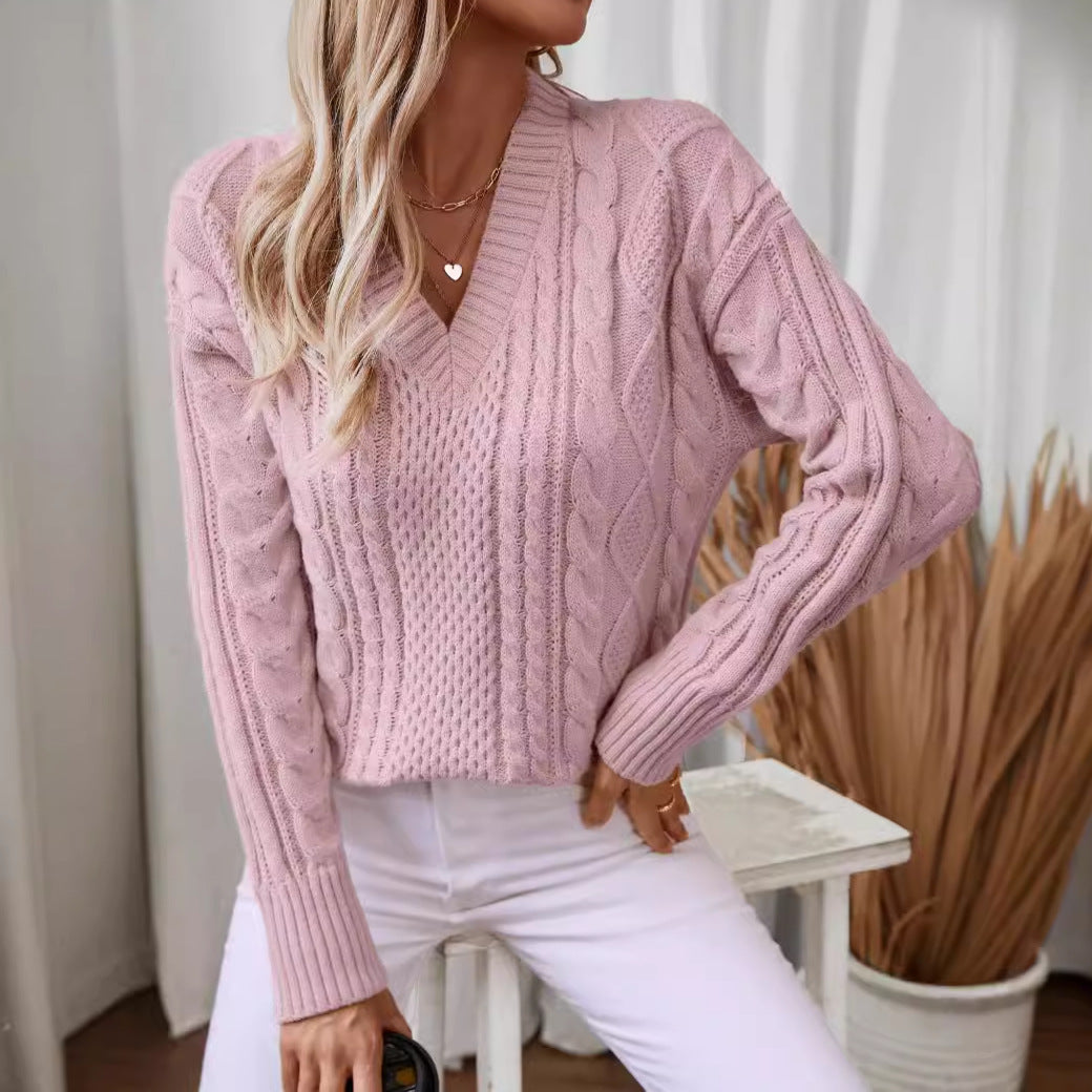 Women's knit sweater with deep V-neck and cable knit pattern Lune London