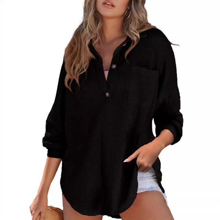 Women's casual ribbed knit top with button placket Lune London