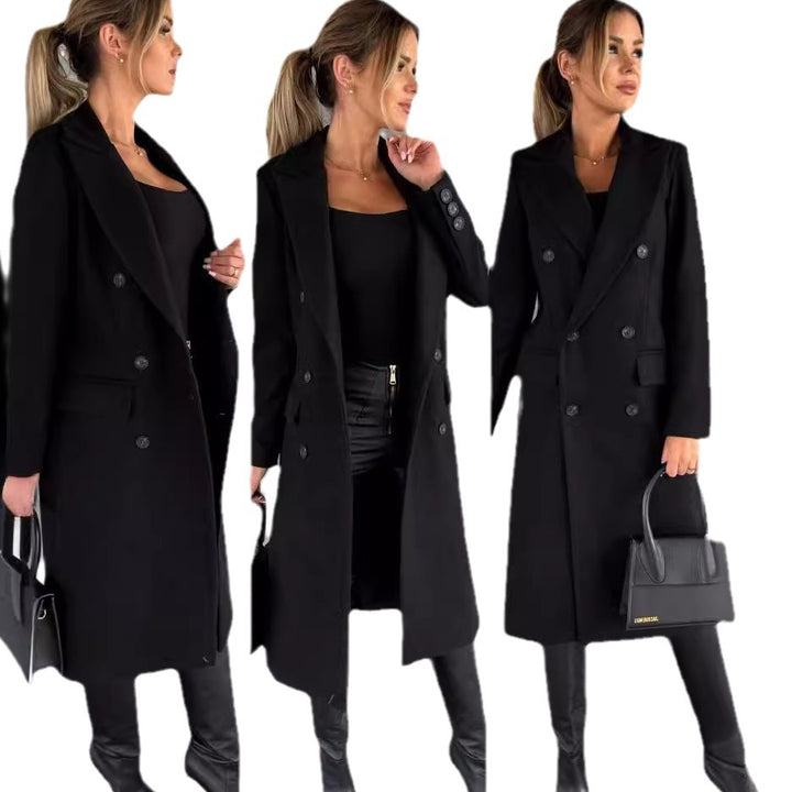 Elegant double-breasted coat for women in structured fabric with adjustable belt Lune London