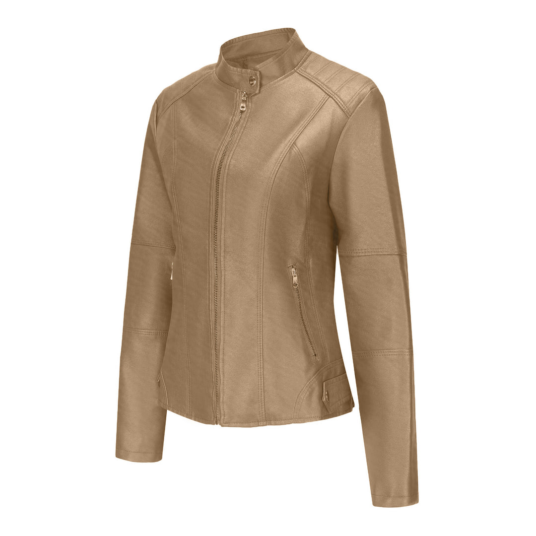 Ladies Elegant Synthetic Leather Motorcycle Jacket with High Collar and Asymmetric Zipper Lune London