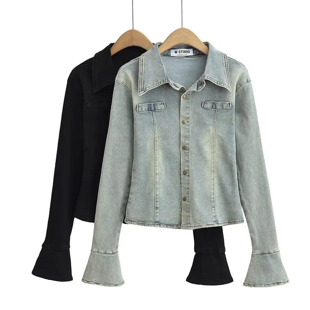 Jean shirt for women with fashionable bell sleeves and chic patch pockets