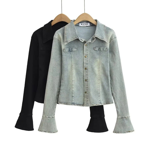 Jean shirt for women with fashionable bell sleeves and chic patch pockets
