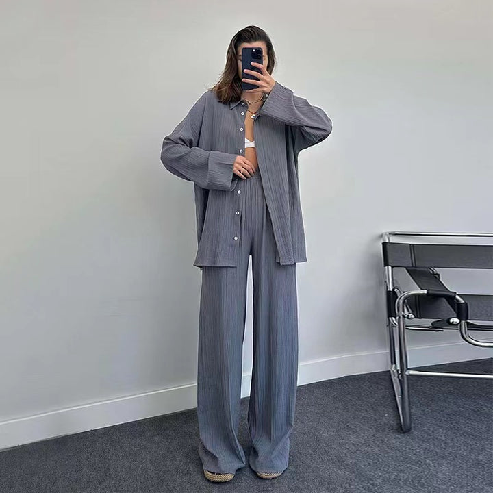Plus size casual shirt set for women and chic wide leg pants