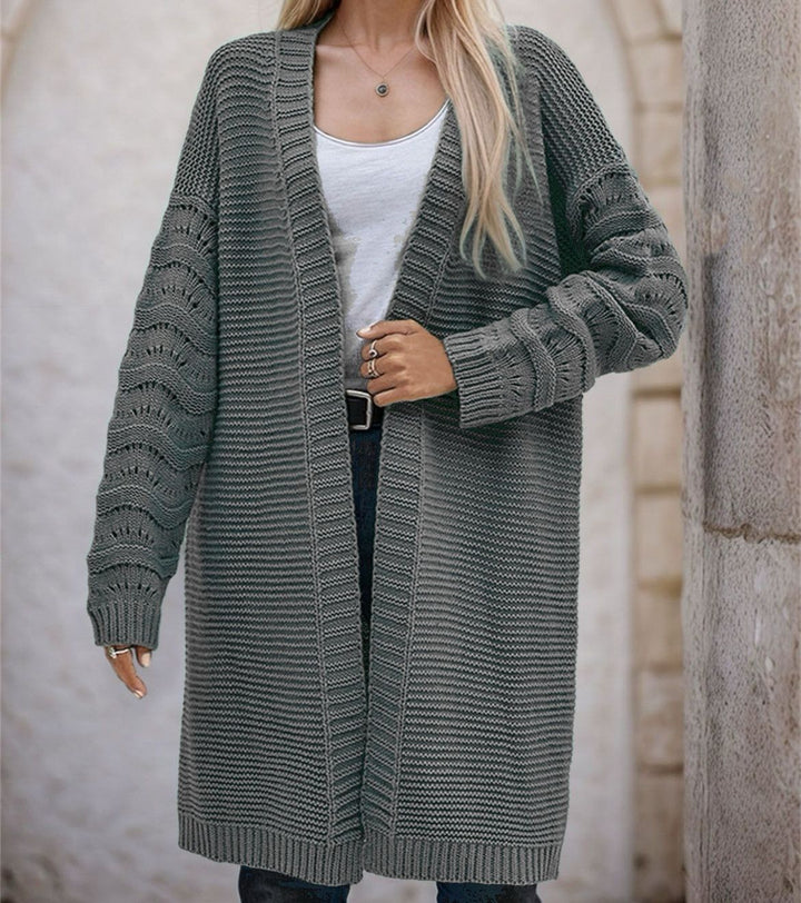 Ladies Long Knit Cardigan with an airy mesh structure and an open front Lune London