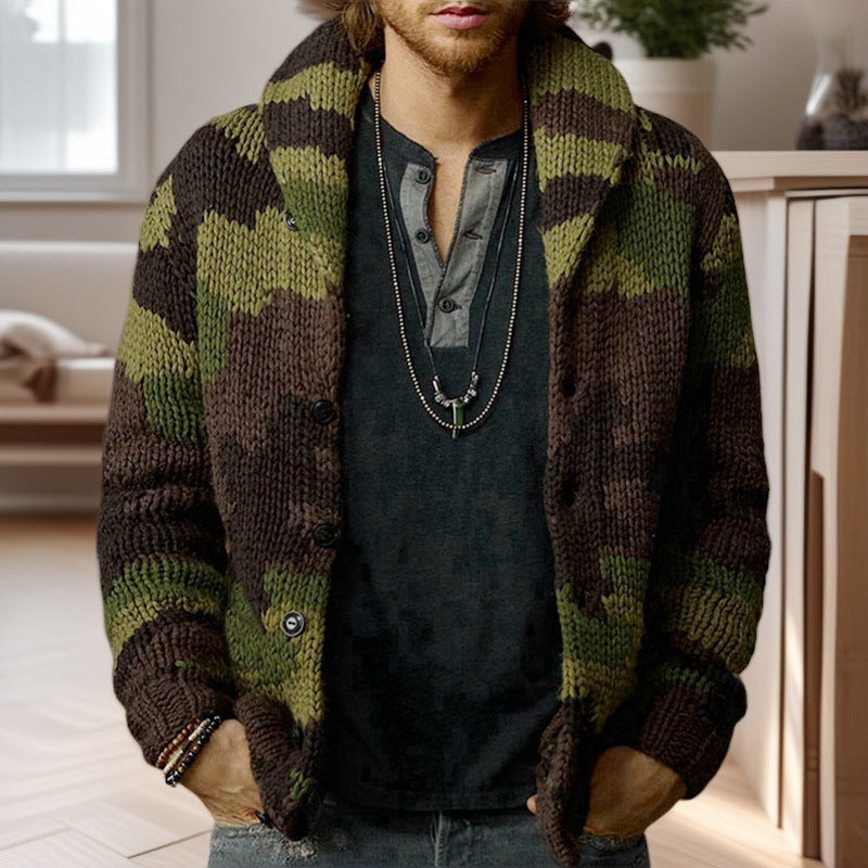 Men's knitted jacket with unique camouflage design and high collar Lune London
