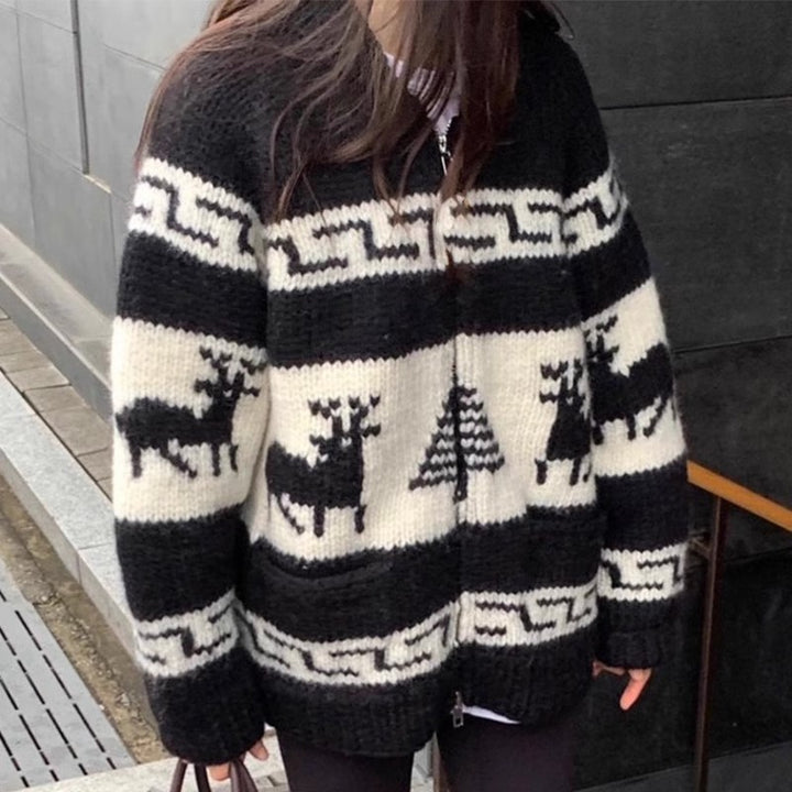 Ladies Comfortable Ribbed Zip Sweater with Festive Pattern Lune London