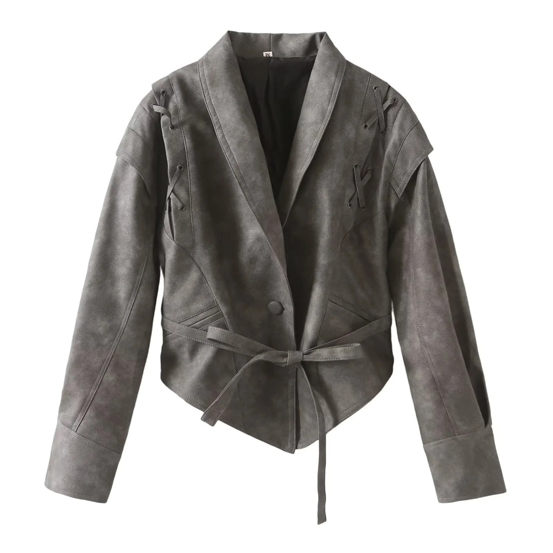 Women's faux leather blazer with modern design and practical belt Lune London