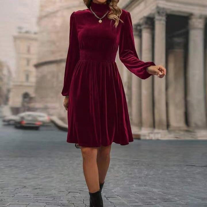 Women Velvet Dress with High Neck Design and Elegant Long Sleeves Lune London