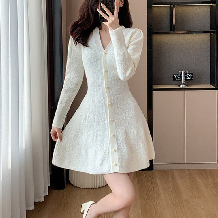 Knitted dress for women with button placket and voluminous sleeves Lune London