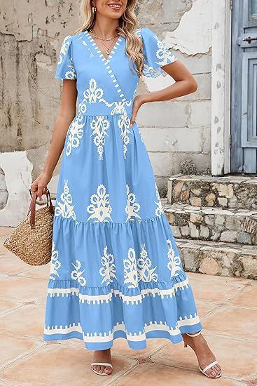 Maxi dress for women with V-neckline and contrasting embroidery details Lune London